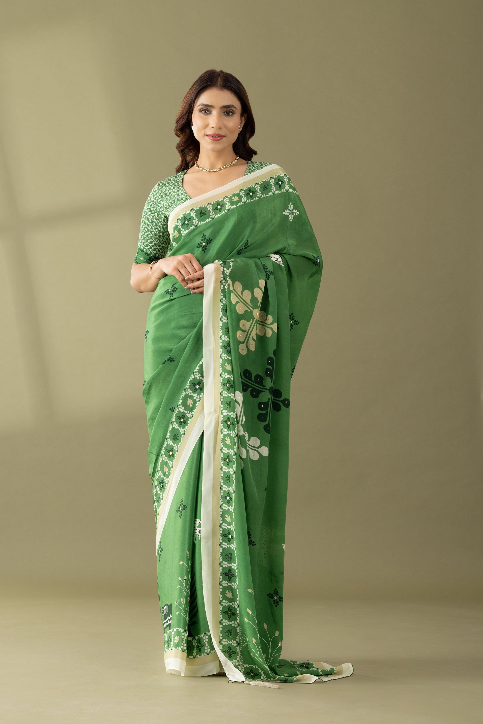 Basil Green Printed & Embroidered Crepe Designer Saree