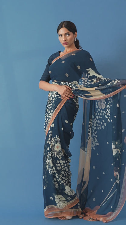 Mystical Forest Navy Printed & Embroidered Chiffon Saree