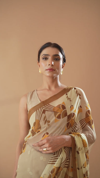 Desert Mirage Beige Printed Chiffon Saree