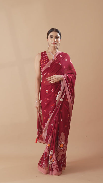 Heavenly Blooms Red Printed & Embroidered Georgette Saree