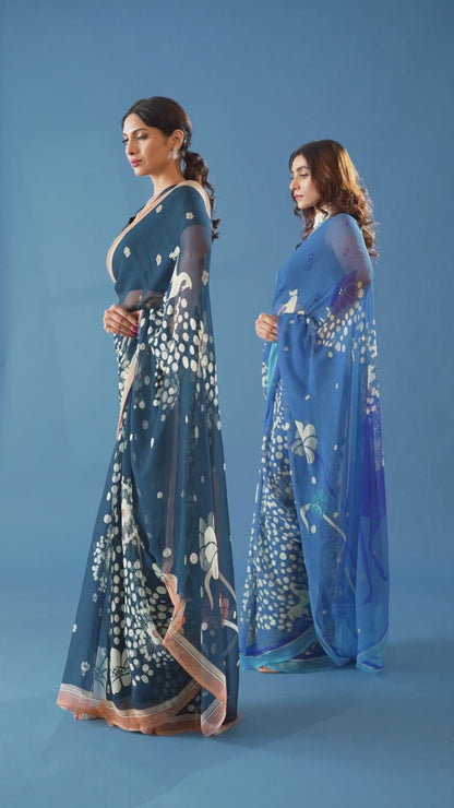 Mystical Forest Cobalt Blue Printed & Embroidered Chiffon Saree