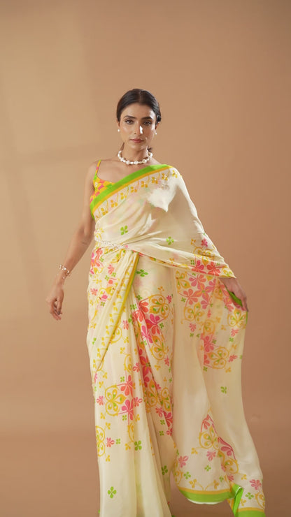 Cream Floral Printed & Embroidered Crepe Designer Saree