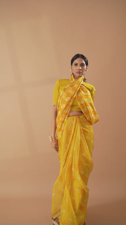 Yellow Petal Shower Printed Chiffon Saree