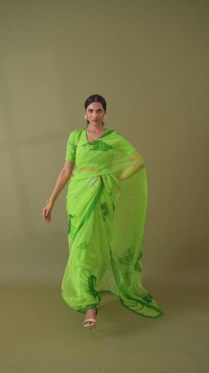 Graceful Charms Macha Green Printed & Embroidered Chiffon Saree