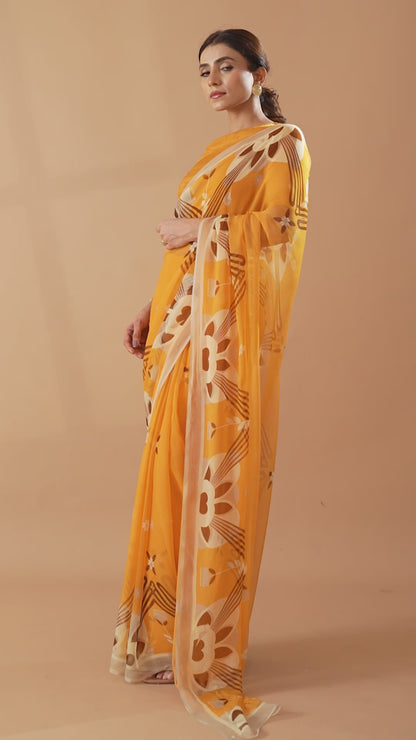 Majestic Peaks Mustard Printed Chiffon Saree