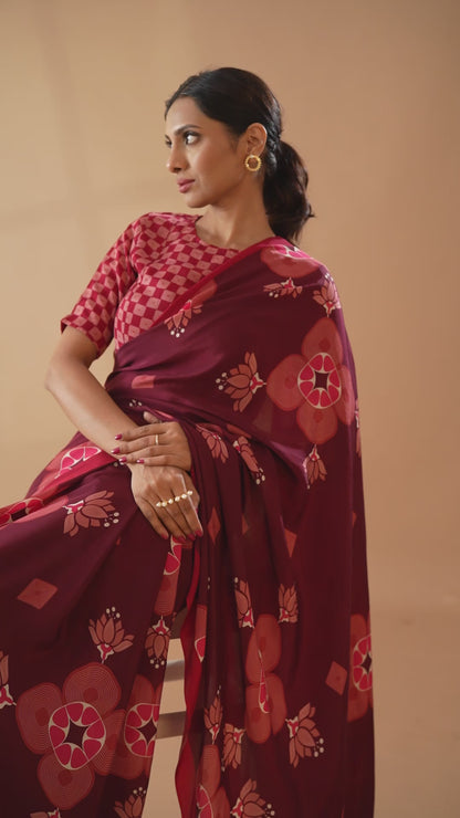 Maroon Lotus Floral Printed Crepe Designer Saree