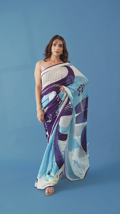 Deep Purple Abstract Printed Georgette Saree