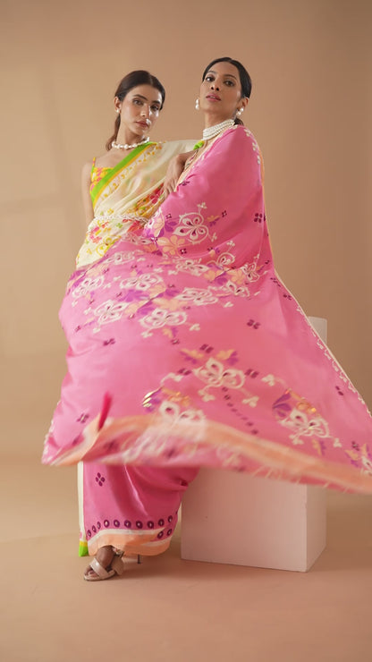 Coral Pink Floral Printed & Embroidered Crepe Designer Saree