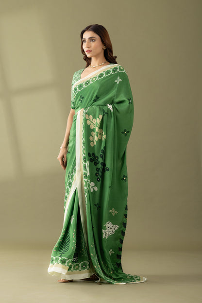 Basil Green Printed & Embroidered Crepe Designer Saree