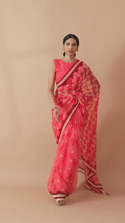 Watermelon Pink Petal Shower Printed Chiffon Saree