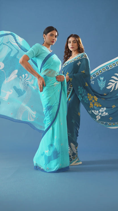 Graceful Charms Light Blue Printed & Embroidered Chiffon Saree