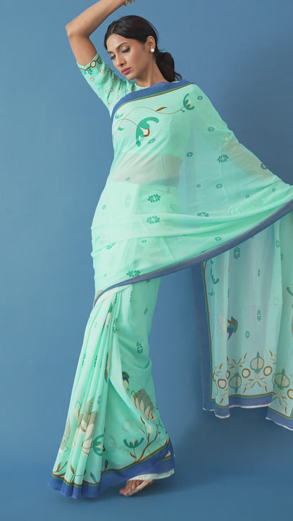 Mint Floral Printed Georgette Saree