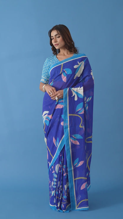 Timeless Garden Indigo Printed & Embroidered Georgette Saree