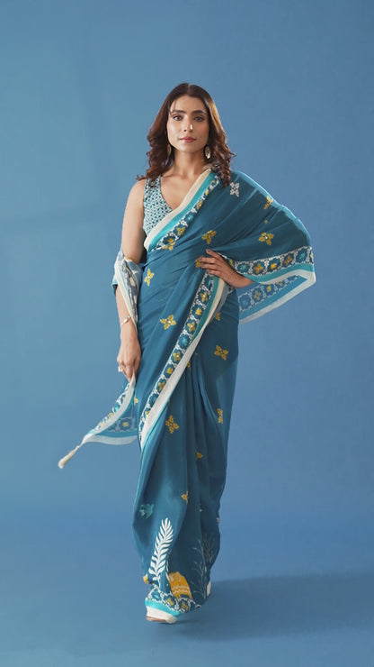 Smoky Blue Printed & Embroidered Crepe Designer Saree