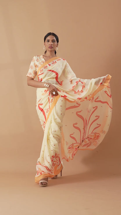 Kaleidoscope Carnival Ivory Printed Georgette Saree