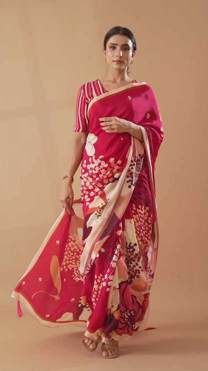 Crimson Red Floral Printed & Embroidered Crepe Party Wear Saree